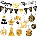 Hapdoo15th Birthday Decorations Boy Girl Set - Happy 15 Birthday Banner Triangle Flag Hanging Swirls Streamers Party Decorations Supplies, Black and Gold