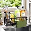 HapiRm Sponge Holder for Kitchen Sink - Self-draining Sink Caddy with Brush and Dishcloth Holders, Stainless Steel Kitchen Countertop Organizers and Storage Essentials - Black