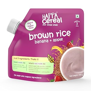 happa brown rice apple banana cereal for babies  3 ingredients  no sugar oil milk powder flavours colours  cooks in 3 minutes  stage 2 6 months  200g pack