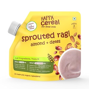 happa ragi almonds dates organic cereal for babies  only 3 ingredients  no sugar oil milk powder flavours or colours  traditional porridge recipe  cooks in 3 minutes  stage 2 6 months  200g pack