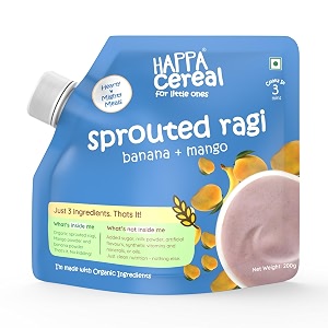 happa ragi mango banana organic cereal for babies  only 3 ingredients  no sugar oil milk powder flavours or colours  traditional porridge recipe  cooks in 3 minutes  stage 2 6 months  200g pack