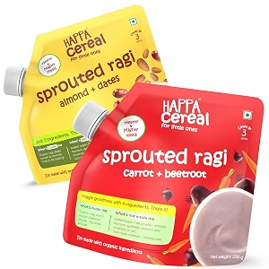 happa ragi cereal for babies  sprouted ragi carrot beetroot amp almond dates combo  no sugar oil milk powder flavours or colours  traditional porridge recipe  cooks in 3 minutes  stage 2 6 months  200g pack