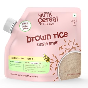 happa brown rice organic cereal for babies  1 ingredient  no sugar oil milk powder flavours colours  cooks in 3 minutes  stage 2 6 months  200g pack