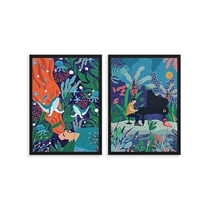 happening hippo wall posters combo  wooden frame wall art  ideal for bedroom home office amp study room  dreaming man amp piano in the woods print  set of 2  a4 size