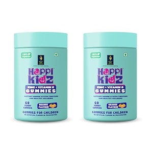 happi kidz - zinc  vitamin c gummies for kids - 120 gummy bears - immune support  orange flavor  non-gmo  gluten-free  vegan  no artificial colors  daily supplement for children pack of 2