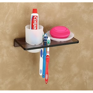 happi unbreakable acrylic soap dish with glass tumbler soap stand soap case soap holder stand wall mounted for bathroom with removable drain tray smoke black