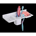HAPPI Unbreakable PTMT Plastic 4 in 1 Soap Dish Holder Glass Tumbler and Tooth Brush Holders, Soap Stand, Soap Case, Soap Holder Stand Wall Mounted for Bathroom (White)
