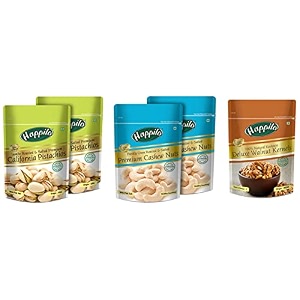 happilo deluxe 100 natural dried kashmiri walnut kernels 200g amp premium californian roasted and salted pistachios 200g pack of 2 amp premium roasted and salted cashews 200g pack of 2