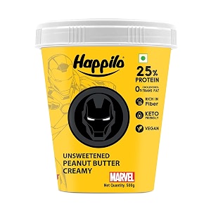 happilo iron man marvel edition unsweetened peanut butter creamy 510g high protein and fiber vegan no trans fat no added colour amp flavour