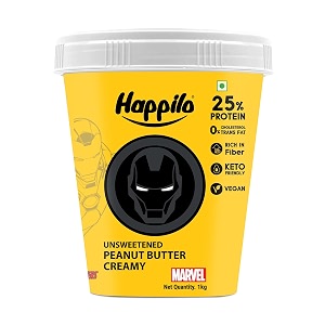 happilo iron man marvel edition unsweetened peanut butter creamy 1kg high protein and fiber vegan no trans fat no added colour amp flavour