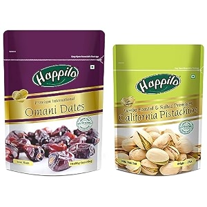 happilo premium international omani dates 250g pack of 1 and happilo premium californian roasted and salted pistachios 200g pack of 1