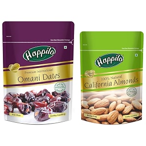 happilo premium international omani dates 250 gram pack of 1 and natural premium californian almonds 200 gram fresh
