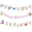 Happy Birthday Banner Decorations – Pink Glitter Letter Garland with Wildflowers, Butterfly, Floral Garden Hanging Banner for Birthday Party, Baby Shower, Bridal Shower, Tea Party Decorations