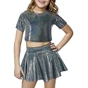 Happy Cherry 2Pcs Kids Girls Shiny Metallic Short Sleeve Crop Top with Pleated Skirt Set Dancewear Performance Costumes