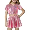 Happy Cherry 2Pcs Kids Girls Shiny Metallic Short Sleeve Crop Top with Pleated Skirt Set Dancewear Performance Costumes