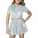 Happy Cherry 2Pcs Kids Girls Shiny Metallic Short Sleeve Crop Top with Pleated Skirt Set Dancewear Performance Costumes