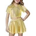 Happy Cherry 2Pcs Kids Girls Shiny Metallic Short Sleeve Crop Top with Pleated Skirt Set Dancewear Performance Costumes