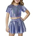 Happy Cherry 2Pcs Kids Girls Shiny Metallic Short Sleeve Crop Top with Pleated Skirt Set Dancewear Performance Costumes