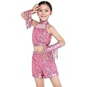 Happy Cherry Girls Shiny Sequin Latin Dance Shorts Set 3 Pcs for Disco Hip Hop Jazz Cha Cha Dance 3-12Y