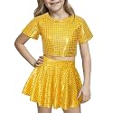 Happy Cherry Kid Girl Shiny Skirt and Top Set 2 Pcs Short Sleeve Metallic Disco Crop Top &amp; Pleated Mini Skirt Set