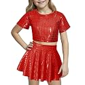 Happy Cherry Kid Girl Shiny Skirt and Top Set 2 Pcs Short Sleeve Metallic Disco Crop Top &amp; Pleated Mini Skirt Set