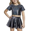 Happy Cherry Kid Girl Shiny Skirt and Top Set 2 Pcs Short Sleeve Metallic Disco Crop Top &amp; Pleated Mini Skirt Set