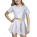 Happy Cherry Kid Girl Shiny Skirt and Top Set 2 Pcs Short Sleeve Metallic Disco Crop Top &amp; Pleated Mini Skirt Set