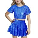 Happy Cherry Kid Girl Shiny Skirt and Top Set 2 Pcs Short Sleeve Metallic Disco Crop Top &amp; Pleated Mini Skirt Set