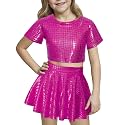 Happy Cherry Kid Girl Shiny Skirt and Top Set 2 Pcs Short Sleeve Metallic Disco Crop Top &amp; Pleated Mini Skirt Set