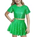 Happy Cherry Kid Girl Shiny Skirt and Top Set 2 Pcs Short Sleeve Metallic Disco Crop Top &amp; Pleated Mini Skirt Set