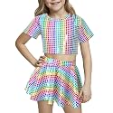 Happy Cherry Kid Girl Shiny Skirt and Top Set 2 Pcs Short Sleeve Metallic Disco Crop Top &amp; Pleated Mini Skirt Set