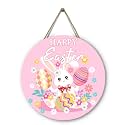 Happy Easter Bunny Front Door Signs Pink Easter Rabbit Eggs Door Hanger Spring Floral Wooden Porch Door Hanging Sign Farmhouse Decorations for Home Holiday Party
