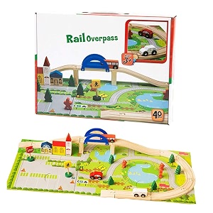 happy hues wooden track car bridge toy set with puzzle playmat with scenic accessories toys for boys girls- 3 years 40 pcs toy set