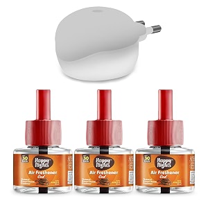 happy nights plug in room freshener kit  oud fragrance  floral air freshener for home bedroom bathroom office and living spaces  long-lasting amp safe  3 refill 45ml  1 machine