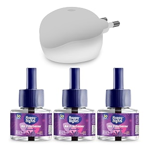 happy nights plug in room freshener kit  lavendar fragrance  floral air freshener for home bedroom bathroom office and living spaces  long-lasting amp safe  3 refill 45ml  1 machine