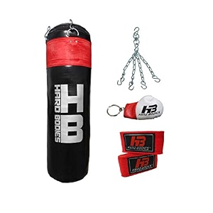 hard bodies professional synthetic leather filled punching bag for boxing kick boxing muay thai along with hanging chain hand wraps amp key chain black amp red 3 feet