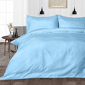 hardeep zippered 200 tc satin stripe queen size duvet cover quilt cover blanket cover razai comforter cover 9034 x 10234- skyblue
