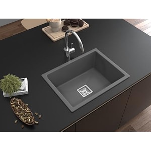 hardstone quartz kitchen sink 18 x 16 x 85 in 10mm thickness  metallic finish single bowl sink with waste coupling amp pvc pipe  smooth finish non-fading uv protection scratch amp heat resistant