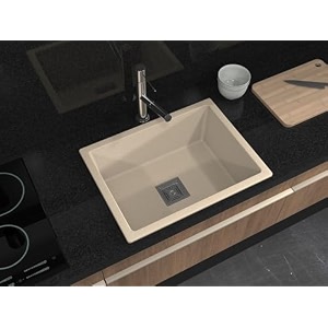 hardstone granite quartz kitchen sink  finish single bowl sink with waste coupling amp pvc pipe  smooth finish non-fading uv protection scratch resistant cool ivory 16x18 with 5-year warranty