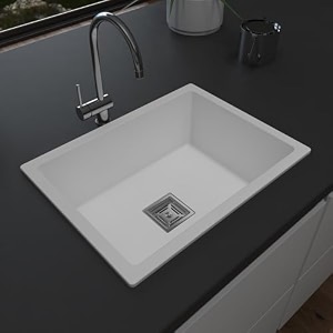 hardstone quartz sink for kitchen 16x18x85 in  white granite kitchen sink with waste coupling amp pvc pipe  smooth finish uv protected top amp under mount sink  10 year warranty