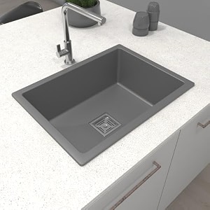 hardstone granite quartz kitchen sink  finish single bowl sink with waste coupling amp pvc pipe  smooth finish non-fading uv protection scratch resistant ultra grey 16x18 with 5-year warranty