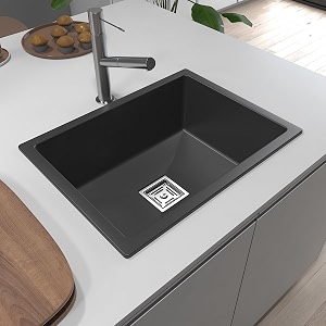 hardstone premium quartz kitchen sink 24x18x85 inches  elegant smoky black granite single bowl composite sink stainless steel waste coupling amp pvc drain pipe  dual mount  10 year warranty