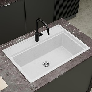 hardstone premium quartz kitchen sink 30x20x9 inch  rustic white granite single bowl sink  top mount  ss waste coupling amp drain pipe  scratch heat amp stain resistant  10-year warranty
