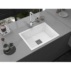 hardstone quartz sink for kitchen 24x18x85 in  white granite kitchen sink with waste coupling amp pvc pipe  smooth finish uv protected top amp under mount sink  10 year warranty