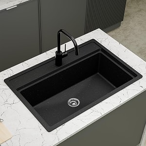 hardstone premium quartz kitchen sink 30x20x9 inch  matt black granite single bowl sink  top mount  ss square waste coupling amp pvc drain pipe  scratch heat amp stain resistant  10-year warranty