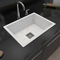 Hardstone Quartz Sink For Kitchen 21x18x8.5 IN – Rustic White Granite Kitchen Sink With Waste coupling &amp; PVC Pipe | Smooth Finish, UV Protected, Top &amp; Under Mount Sink | 10 Year Warranty