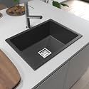 HARDSTONE Premium Quartz Kitchen Sink 24x18x8.5 Inches | Elegant Smoky Black Granite Single Bowl Composite Sink |Stainless Steel Waste Coupling &amp; PVC Drain Pipe | Dual Mount | 10 Year Warranty