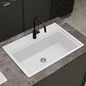 HARDSTONE Premium Quartz Kitchen Sink (30x20x9 Inch) | Rustic White Granite Single Bowl Sink | Top Mount | SS Waste Coupling &amp; Drain Pipe | Scratch, Heat &amp; Stain Resistant | 10-Year Warranty
