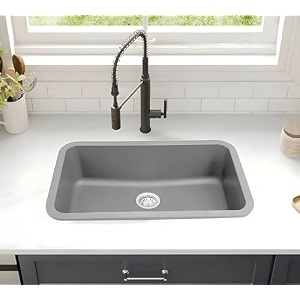 hardstone quartz kitchen sink 19 x 31 x 85 in 10mm thickness  granite finish single bowl sink with waste coupling amp pvc pipe  smooth finish uv protection scratch amp heat resistant - grey