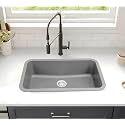Hardstone Quartz Kitchen Sink (19 x 31 x 8.5 In, 10mm Thickness) – Granite Finish Single Bowl Sink with Waste Coupling &amp; PVC Pipe – Smooth Finish, UV Protection, Scratch &amp; Heat Resistant - Grey